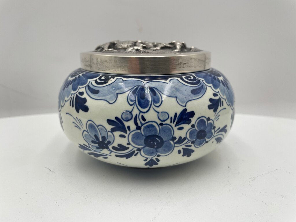 Vintage Delft Blue White Porcelain Lidded Trinket Box w/ Sterling Silver Teniers Scene in Repousse