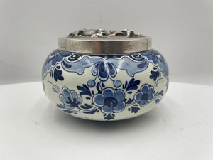 Vintage Delft Blue White Porcelain Lidded Trinket Box w/ Sterling Silver Teniers Scene in Repousse