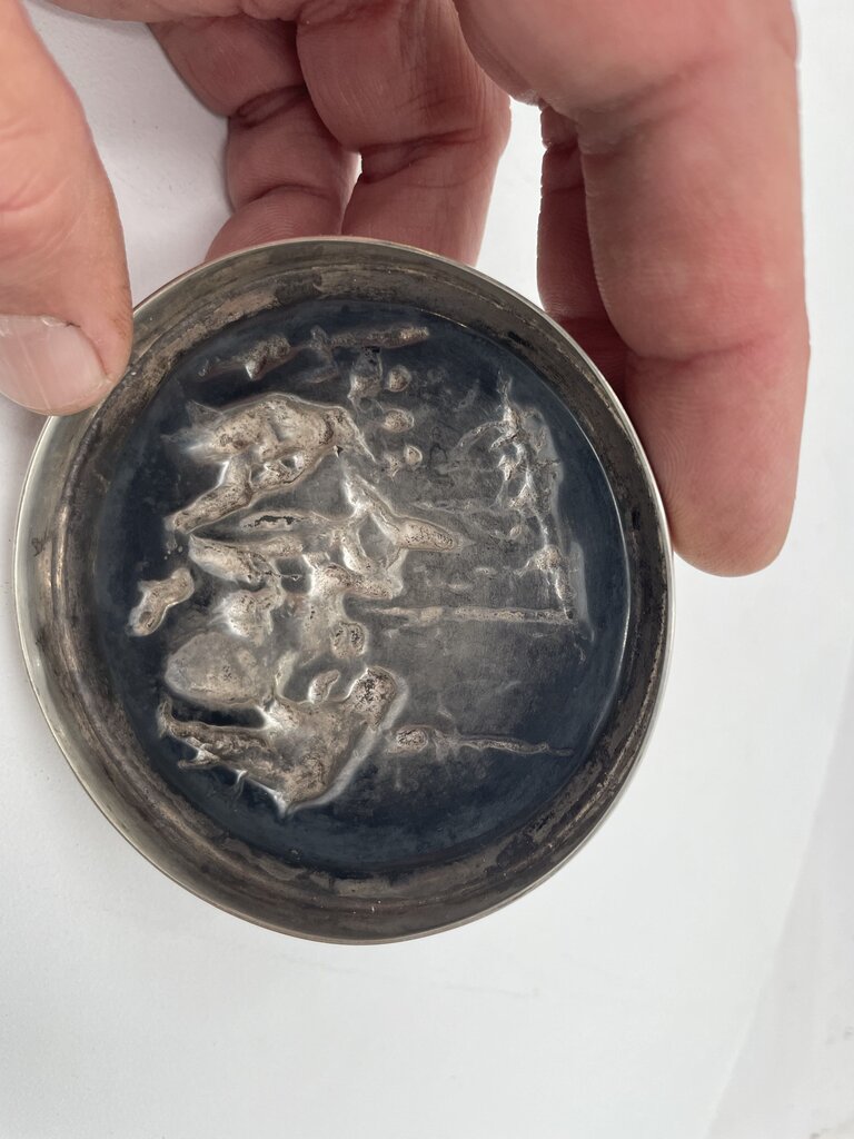 Vintage Delft Blue White Porcelain Lidded Trinket Box w/ Sterling Silver Teniers Scene in Repousse