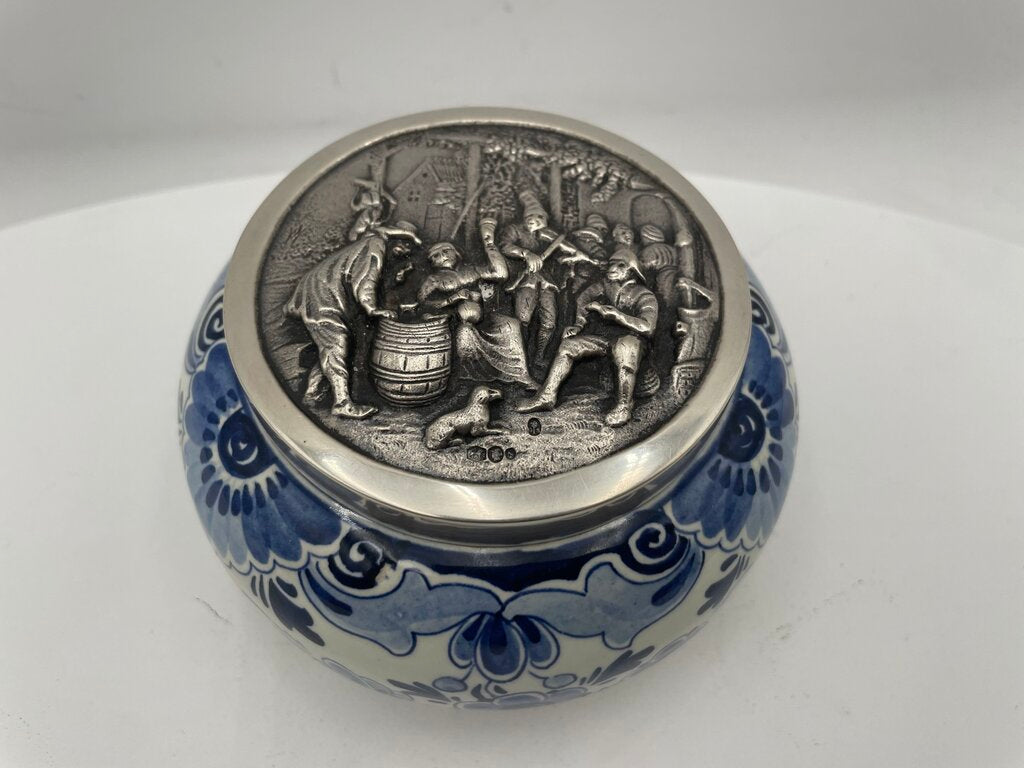 Vintage Delft Blue White Porcelain Lidded Trinket Box w/ Sterling Silver Teniers Scene in Repousse
