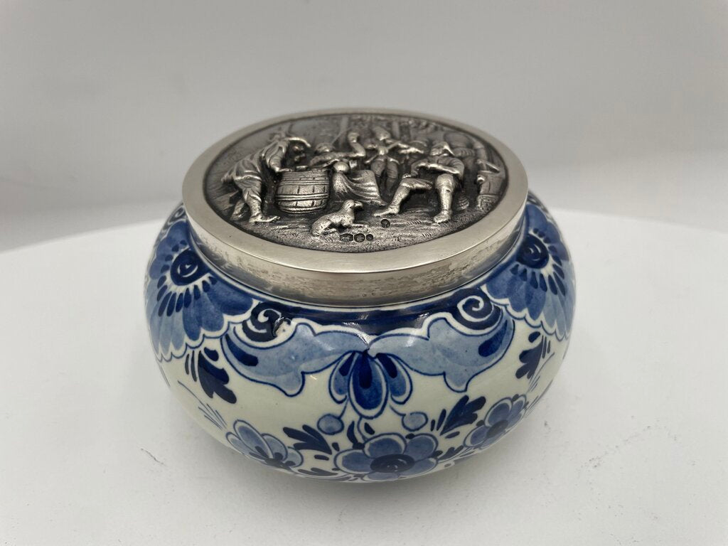 Vintage Delft Blue White Porcelain Lidded Trinket Box w/ Sterling Silver Teniers Scene in Repousse