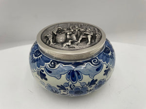 Vintage Delft Blue White Porcelain Lidded Trinket Box w/ Sterling Silver Teniers Scene in Repousse