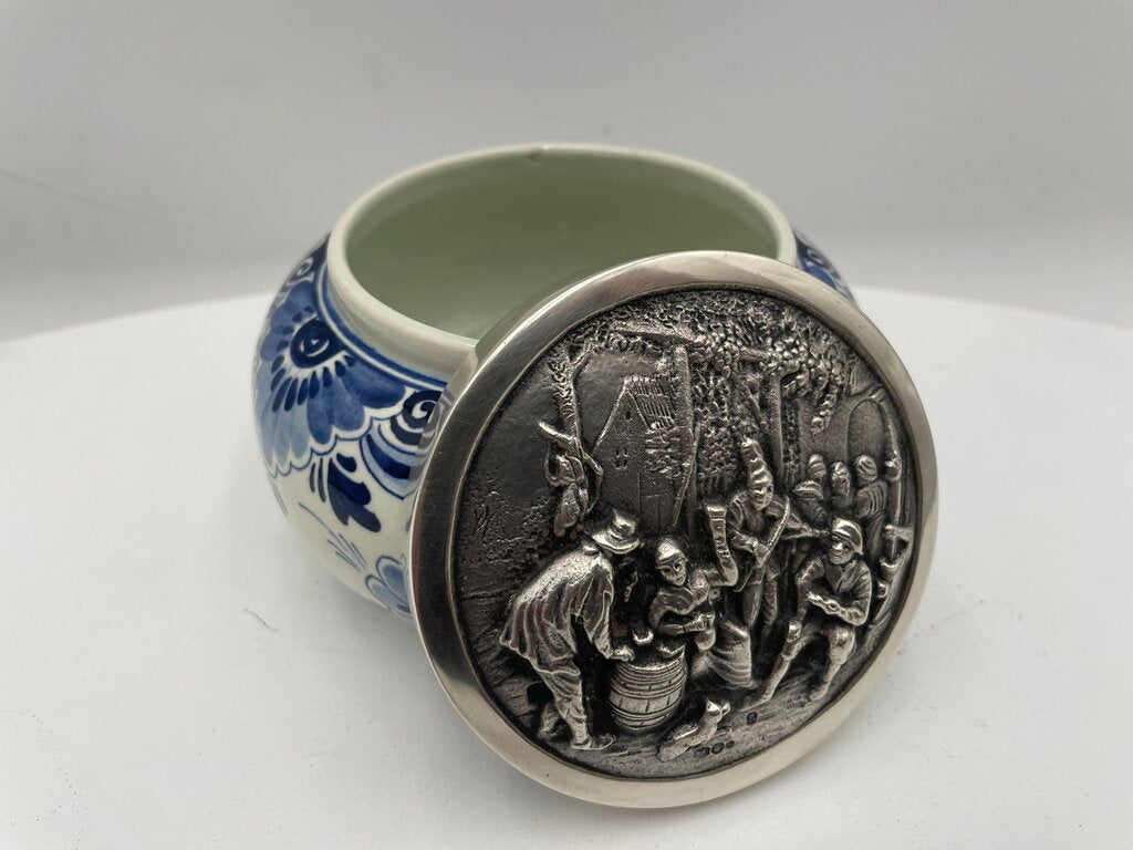 Vintage Delft Blue White Porcelain Lidded Trinket Box w/ Sterling Silver Teniers Scene in Repousse