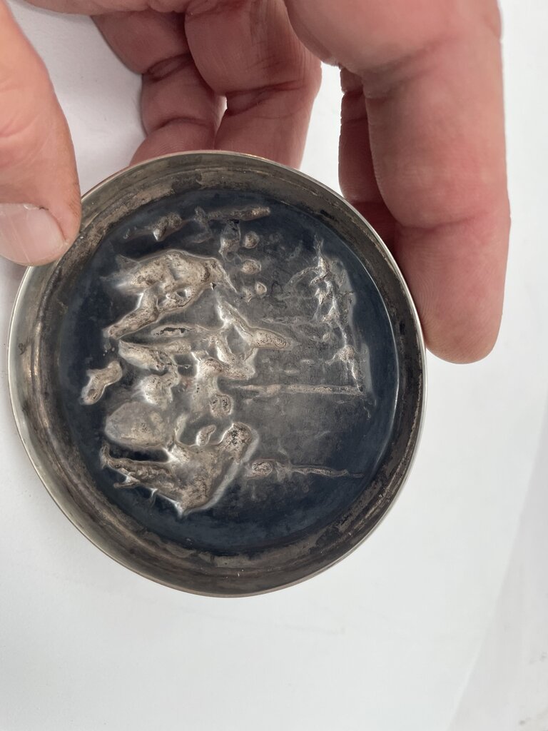 Vintage Delft Blue White Porcelain Lidded Trinket Box w/ Sterling Silver Teniers Scene in Repousse