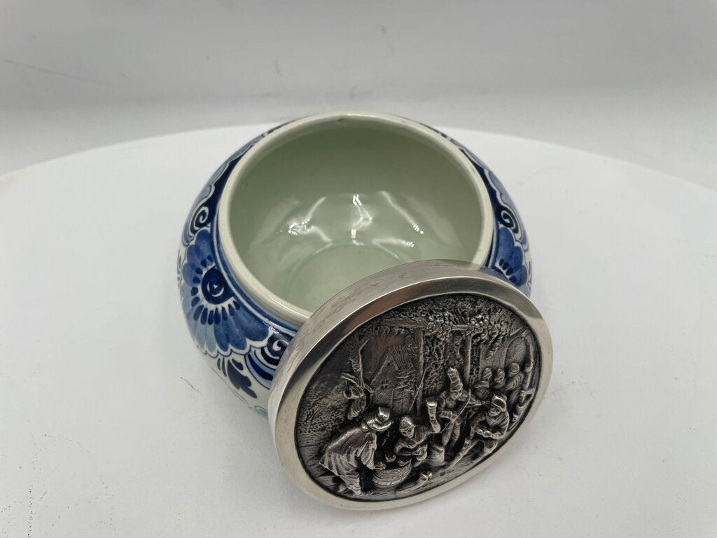 Vintage Delft Blue White Porcelain Lidded Trinket Box w/ Sterling Silver Teniers Scene in Repousse