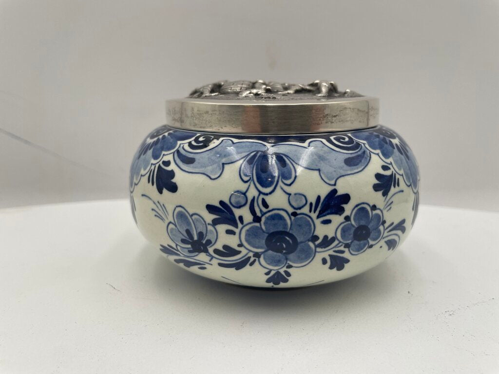 Vintage Delft Blue White Porcelain Lidded Trinket Box w/ Sterling Silver Teniers Scene in Repousse
