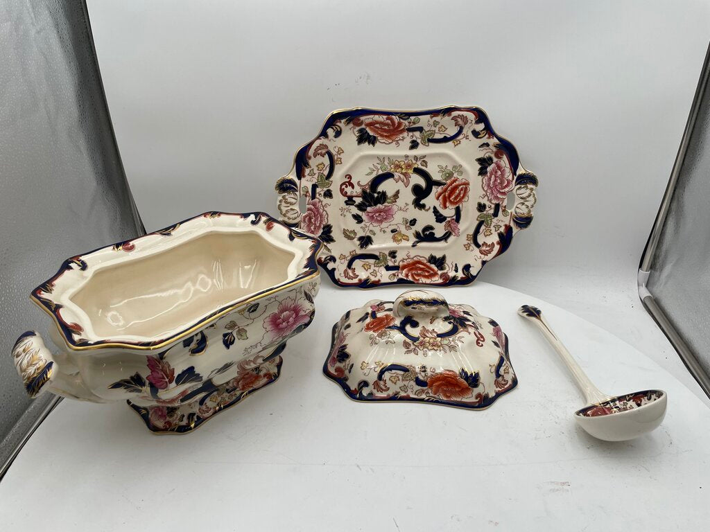 Mason's Patent Ironstone Mandalay Gilt Blue White Floral Lidded Tureen Set (4 Pcs)