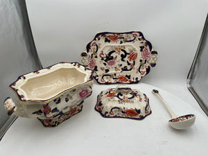 Mason's Patent Ironstone Mandalay Gilt Blue White Floral Lidded Tureen Set (4 Pcs)