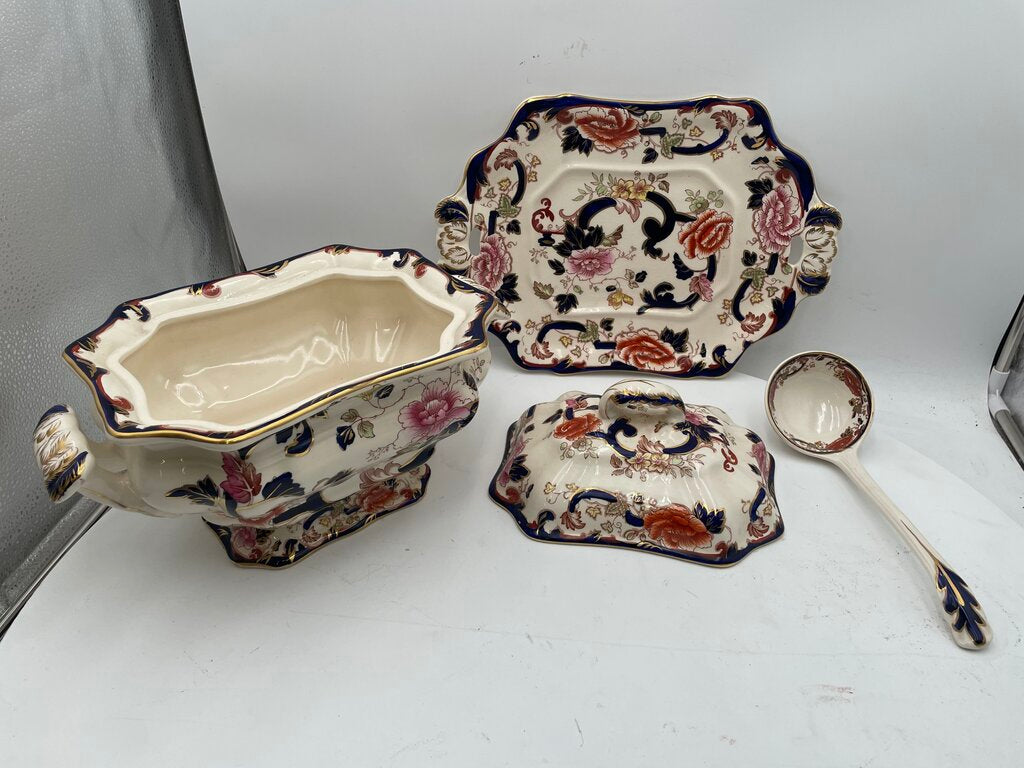 Mason's Patent Ironstone Mandalay Gilt Blue White Floral Lidded Tureen Set (4 Pcs)