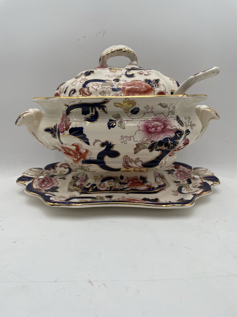 Mason's Patent Ironstone Mandalay Gilt Blue White Floral Lidded Tureen Set (4 Pcs)