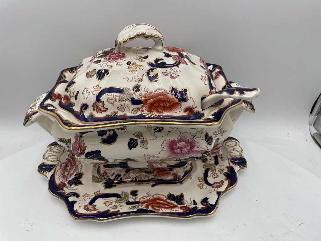 Mason's Patent Ironstone Mandalay Gilt Blue White Floral Lidded Tureen Set (4 Pcs)