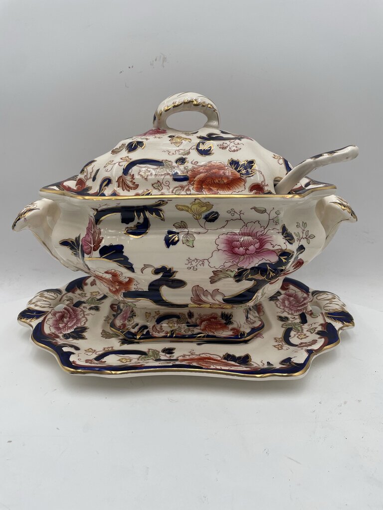 Mason's Patent Ironstone Mandalay Gilt Blue White Floral Lidded Tureen Set (4 Pcs)