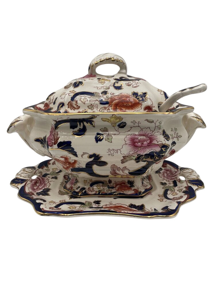Mason's Patent Ironstone Mandalay Gilt Blue White Floral Lidded Tureen Set (4 Pcs) by Miss Daisy's Consignment & Auction House