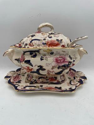 Mason's Patent Ironstone Mandalay Gilt Blue White Floral Lidded Tureen Set (4 Pcs)