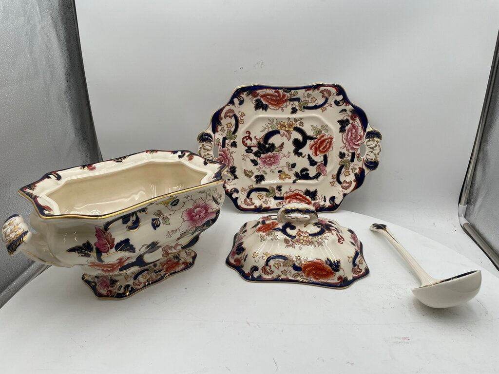 Mason's Patent Ironstone Mandalay Gilt Blue White Floral Lidded Tureen Set (4 Pcs)