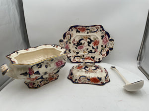 Mason's Patent Ironstone Mandalay Gilt Blue White Floral Lidded Tureen Set (4 Pcs)
