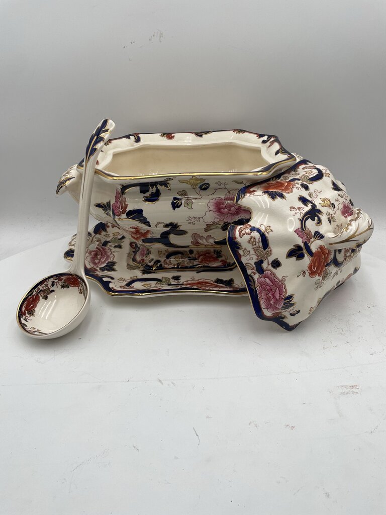 Mason's Patent Ironstone Mandalay Gilt Blue White Floral Lidded Tureen Set (4 Pcs)