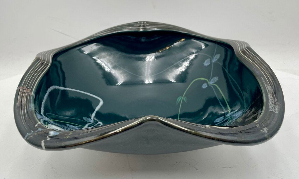 Japanese Style Dark Teal Pottery Asymmetrical Bowl Signed Bottom