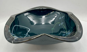 Japanese Style Dark Teal Pottery Asymmetrical Bowl Signed Bottom