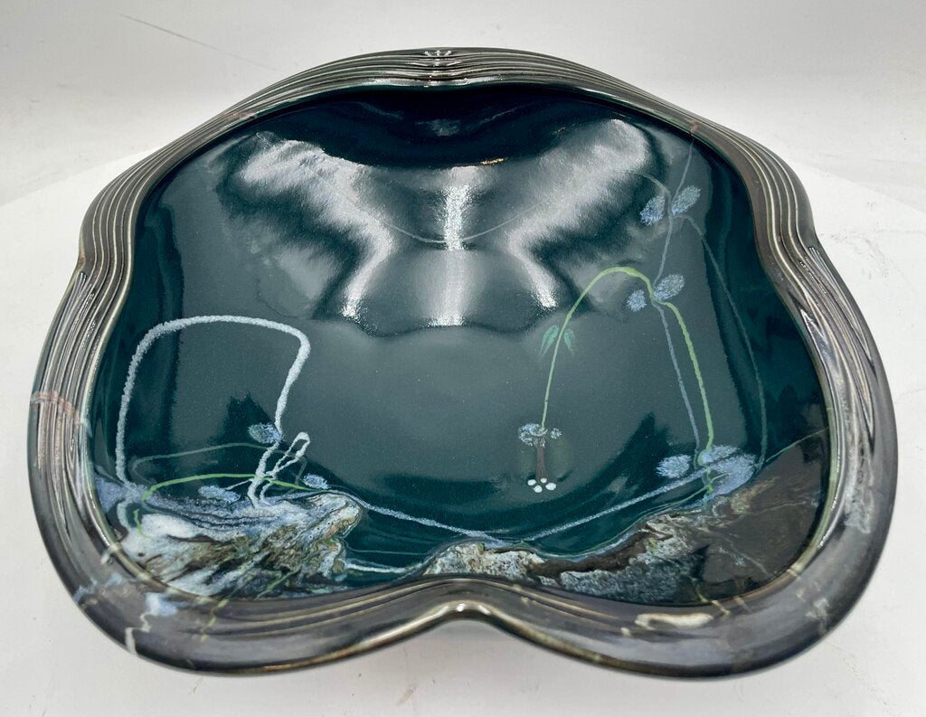 Japanese Style Dark Teal Pottery Asymmetrical Bowl Signed Bottom