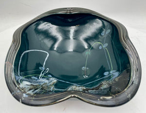 Japanese Style Dark Teal Pottery Asymmetrical Bowl Signed Bottom