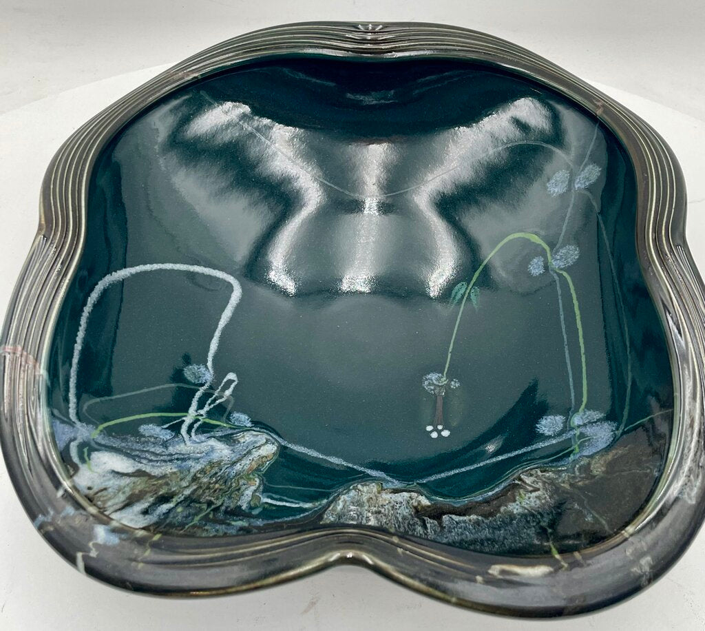 Japanese Style Dark Teal Pottery Asymmetrical Bowl Signed Bottom