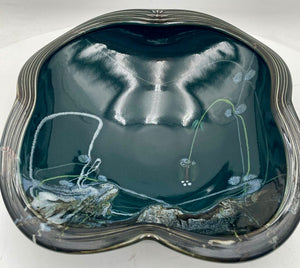 Japanese Style Dark Teal Pottery Asymmetrical Bowl Signed Bottom