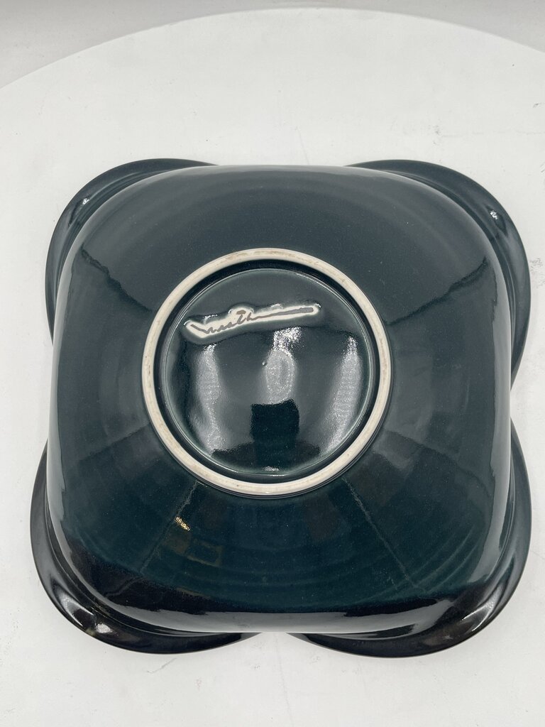 Japanese Style Dark Teal Pottery Asymmetrical Bowl Signed Bottom