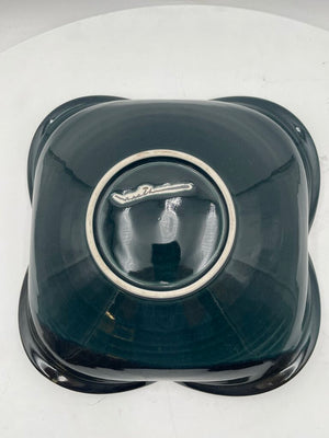 Japanese Style Dark Teal Pottery Asymmetrical Bowl Signed Bottom