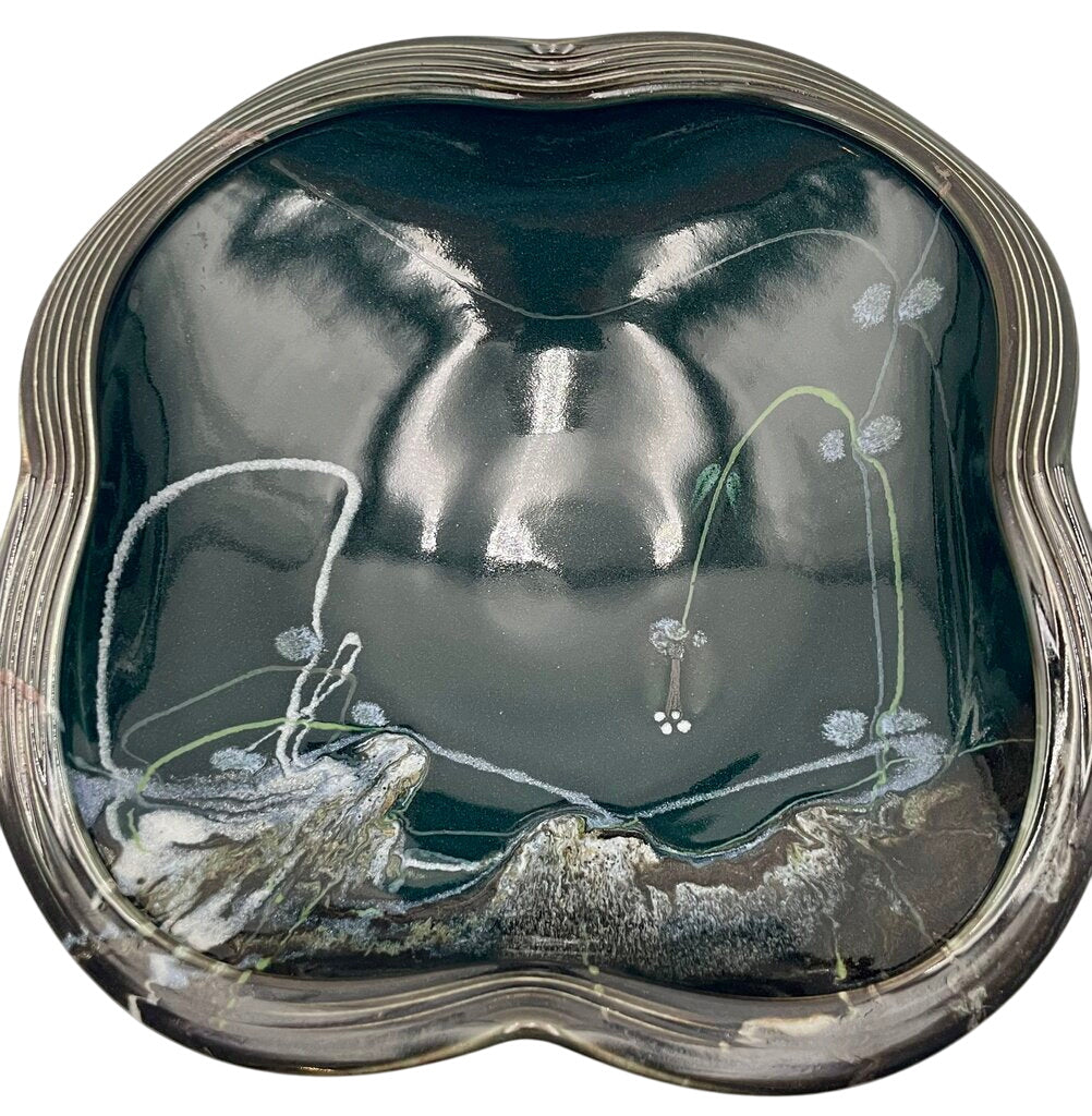 Japanese Style Dark Teal Pottery Asymmetrical Bowl Signed Bottom by Miss Daisy's Consignment & Auction House