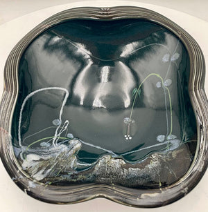 Japanese Style Dark Teal Pottery Asymmetrical Bowl Signed Bottom