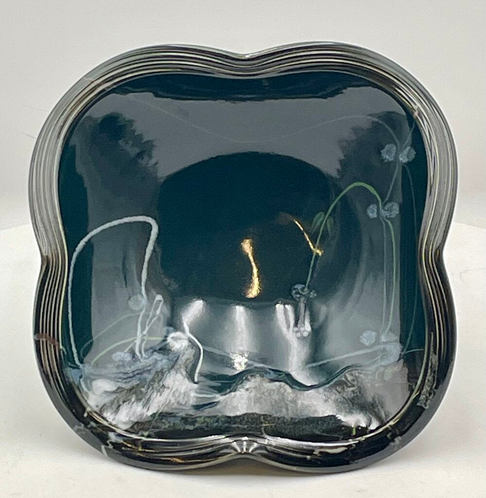 Japanese Style Dark Teal Pottery Asymmetrical Bowl Signed Bottom