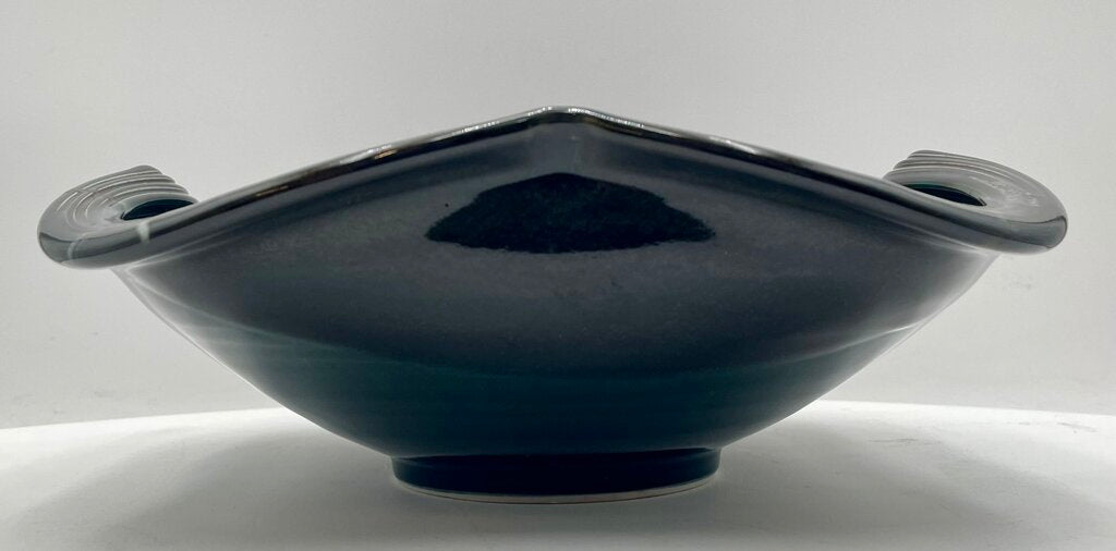Japanese Style Dark Teal Pottery Asymmetrical Bowl Signed Bottom