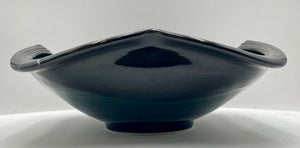Japanese Style Dark Teal Pottery Asymmetrical Bowl Signed Bottom