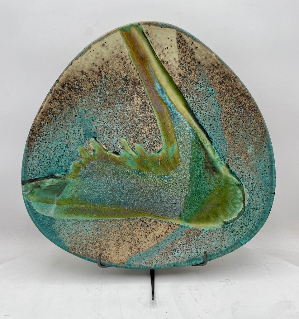 David Salk Large Decorative Ceramic Plate on Bronze Horseshoe Nail Stand Signed 97'