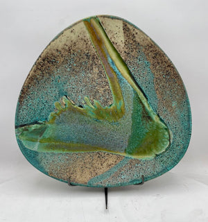 David Salk Large Decorative Ceramic Plate on Bronze Horseshoe Nail Stand Signed 97'