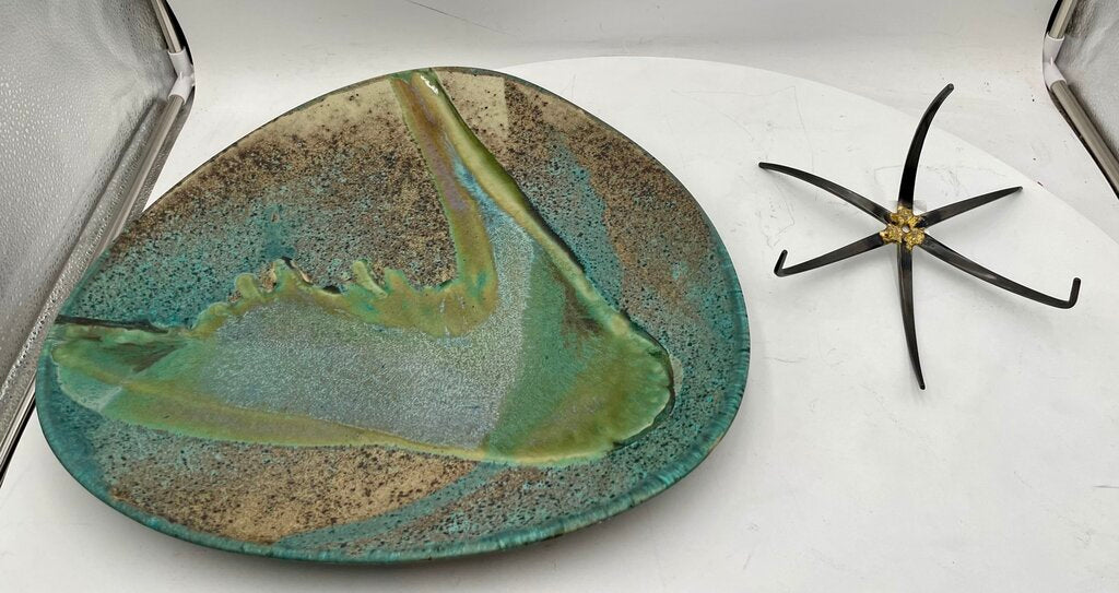 David Salk Large Decorative Ceramic Plate on Bronze Horseshoe Nail Stand Signed 97'