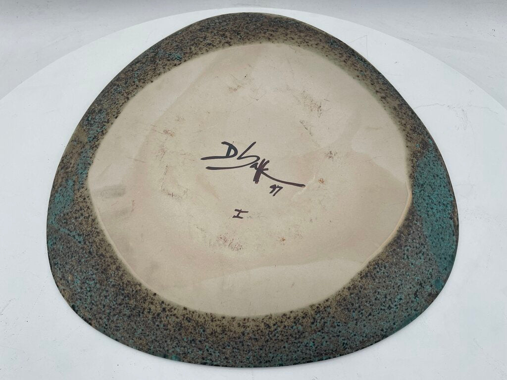 David Salk Large Decorative Ceramic Plate on Bronze Horseshoe Nail Stand Signed 97'