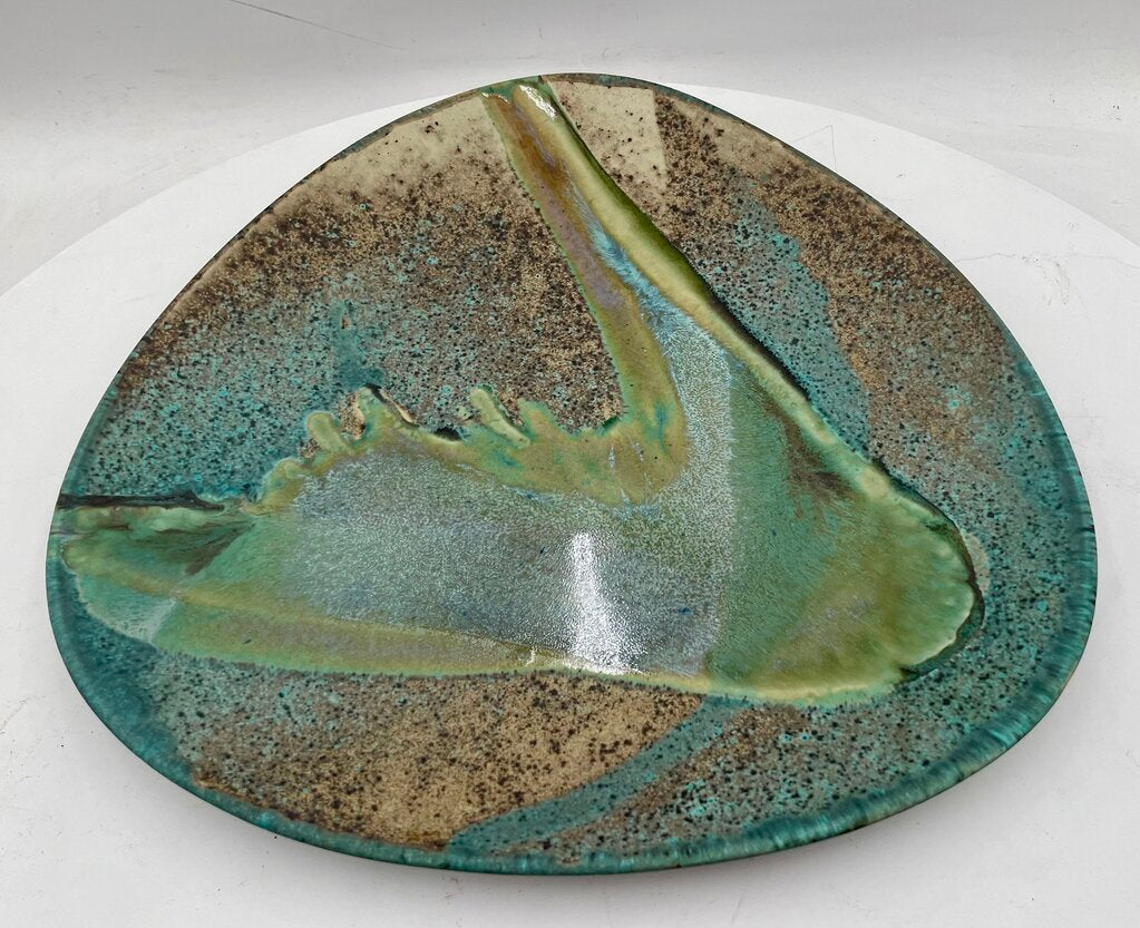 David Salk Large Decorative Ceramic Plate on Bronze Horseshoe Nail Stand Signed 97'