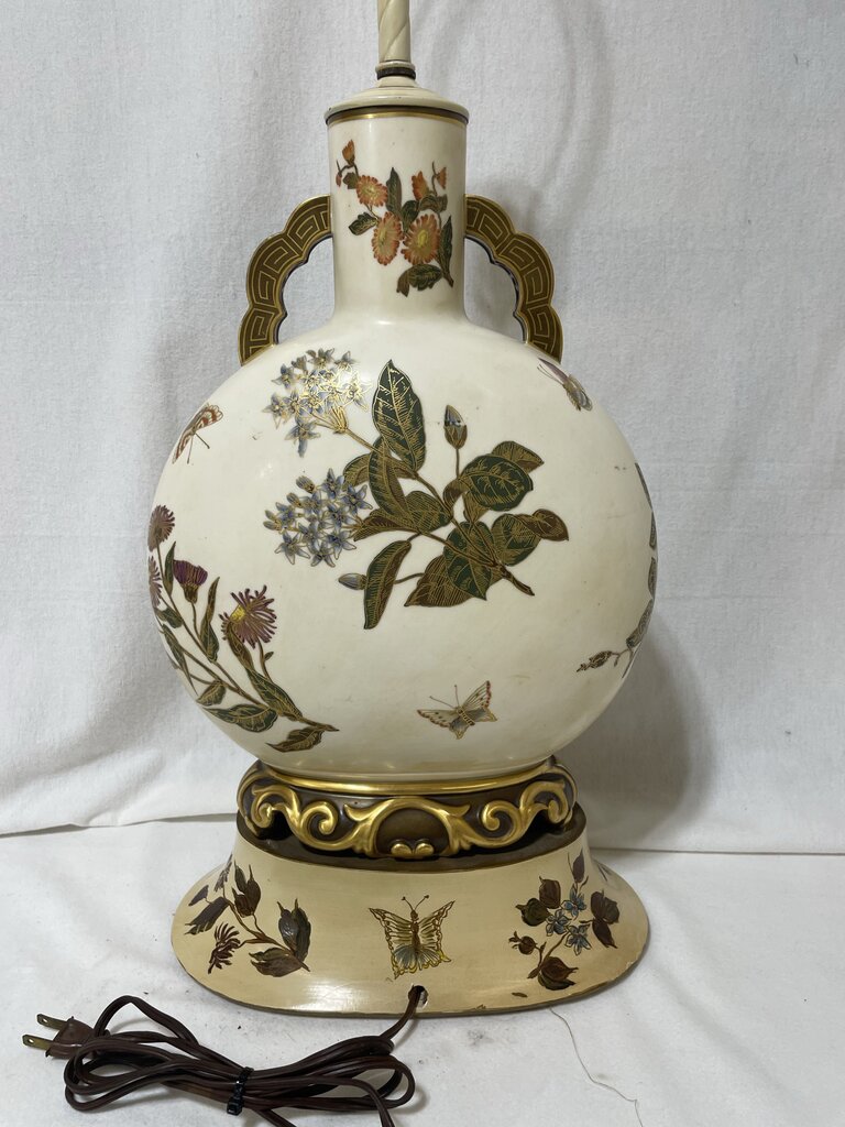 Vintage Asian Style Hand Painted Gilt Floral Motif Porcelain Table Lamp (No Shade)