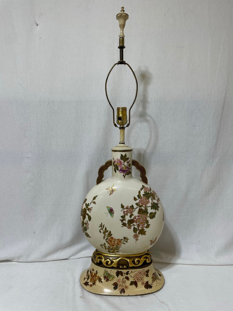Vintage Asian Style Hand Painted Gilt Floral Motif Porcelain Table Lamp (No Shade)