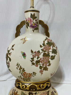 Vintage Asian Style Hand Painted Gilt Floral Motif Porcelain Table Lamp (No Shade)