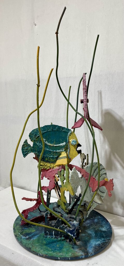 Plasma Cut Metal Sculpture Colorful Fish in Seaweeds Signed Base O.K. (Rough and Heavy)