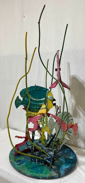 Plasma Cut Metal Sculpture Colorful Fish in Seaweeds Signed Base O.K. (Rough and Heavy)