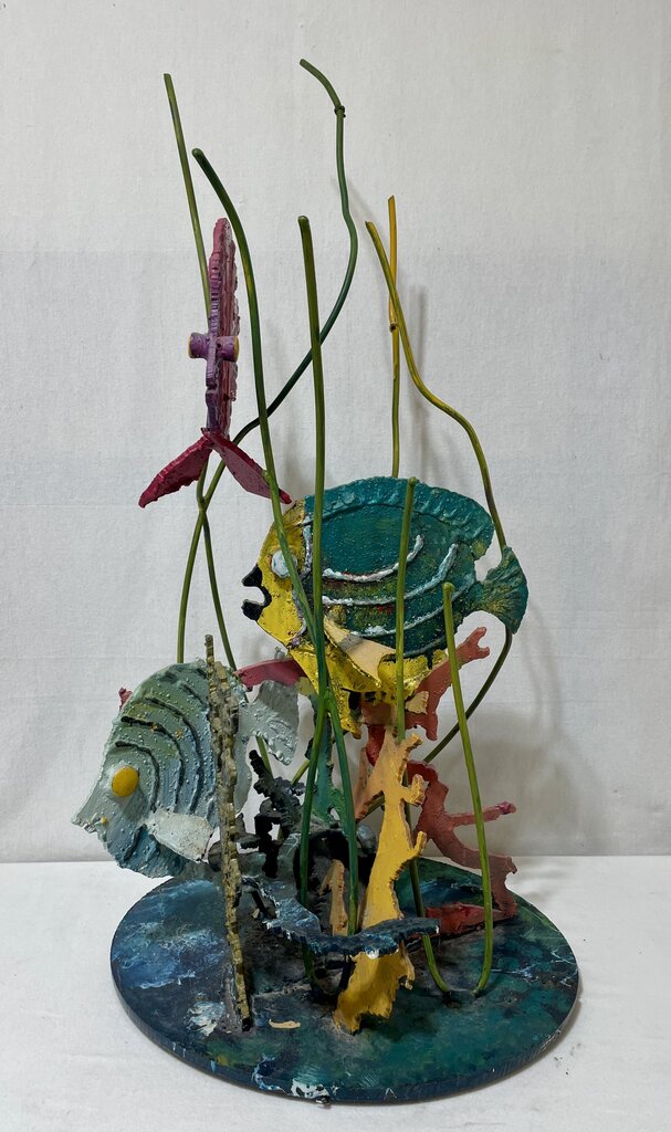 Plasma Cut Metal Sculpture Colorful Fish in Seaweeds Signed Base O.K. (Rough and Heavy)
