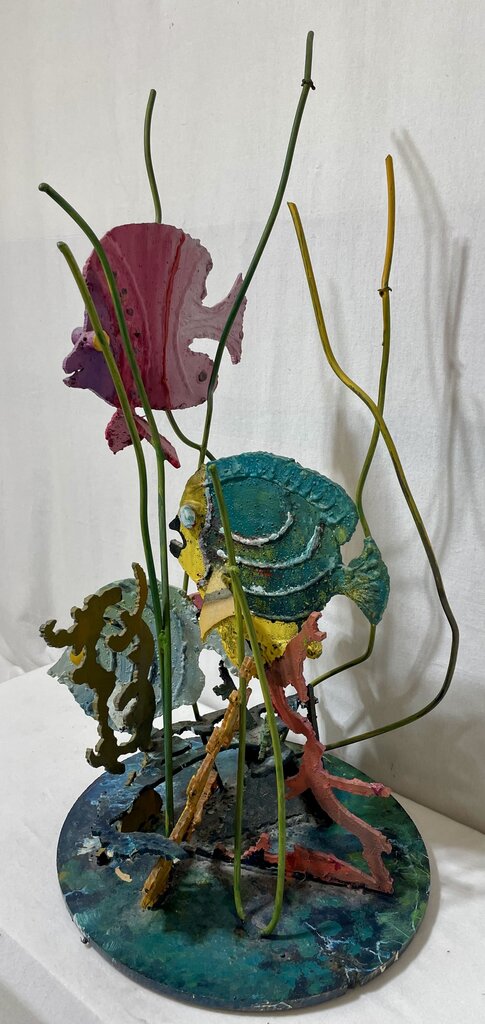 Plasma Cut Metal Sculpture Colorful Fish in Seaweeds Signed Base O.K. (Rough and Heavy)