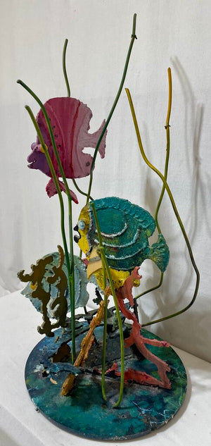 Plasma Cut Metal Sculpture Colorful Fish in Seaweeds Signed Base O.K. (Rough and Heavy)