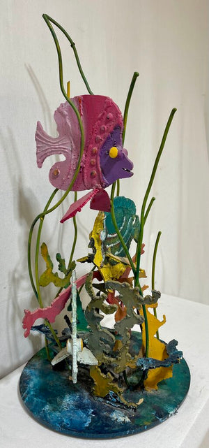 Plasma Cut Metal Sculpture Colorful Fish in Seaweeds Signed Base O.K. (Rough and Heavy)