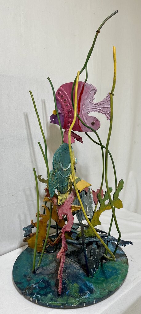 Plasma Cut Metal Sculpture Colorful Fish in Seaweeds Signed Base O.K. (Rough and Heavy)