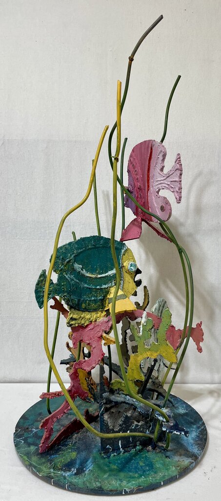 Plasma Cut Metal Sculpture Colorful Fish in Seaweeds Signed Base O.K. (Rough and Heavy)